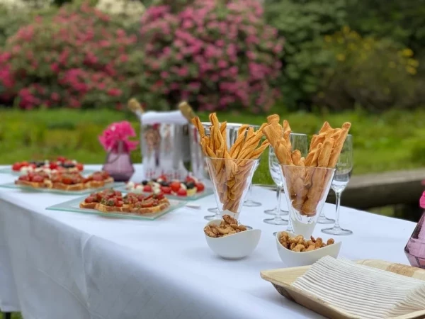 Apéro-Buffet im Seleger Moor mit Bruschetta und knusprigen Grissini. Blühende Rhododendren bilden malerische Kulisse.