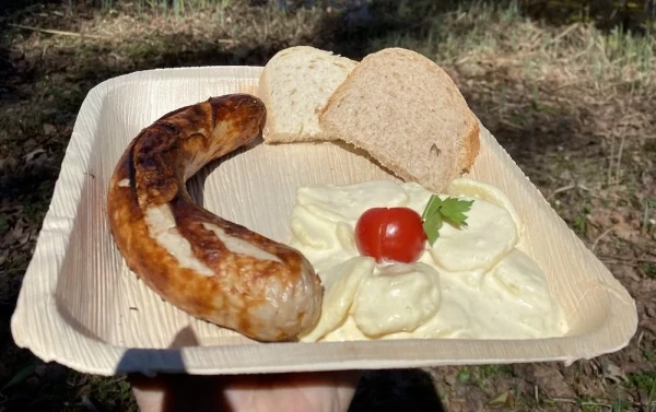 Bratwurst mit hausgemachtem Kartoffelsalat und Brot im Palmblatt-Teller. Rustikaler Imbiss im Park-Beizli Seleger Moor.